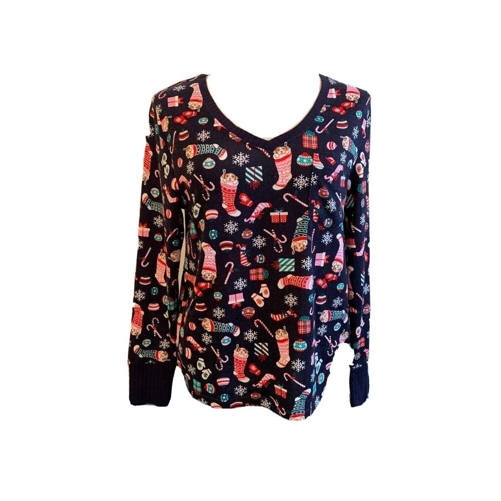Medium Jane and Bleeker Women's New Pajama Top Navy Blue Holiday Christmas